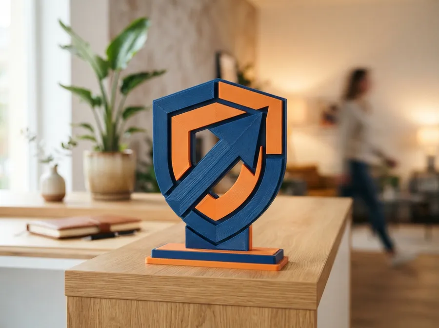 Logo 3D de pie sobre el mostrador de una recepción