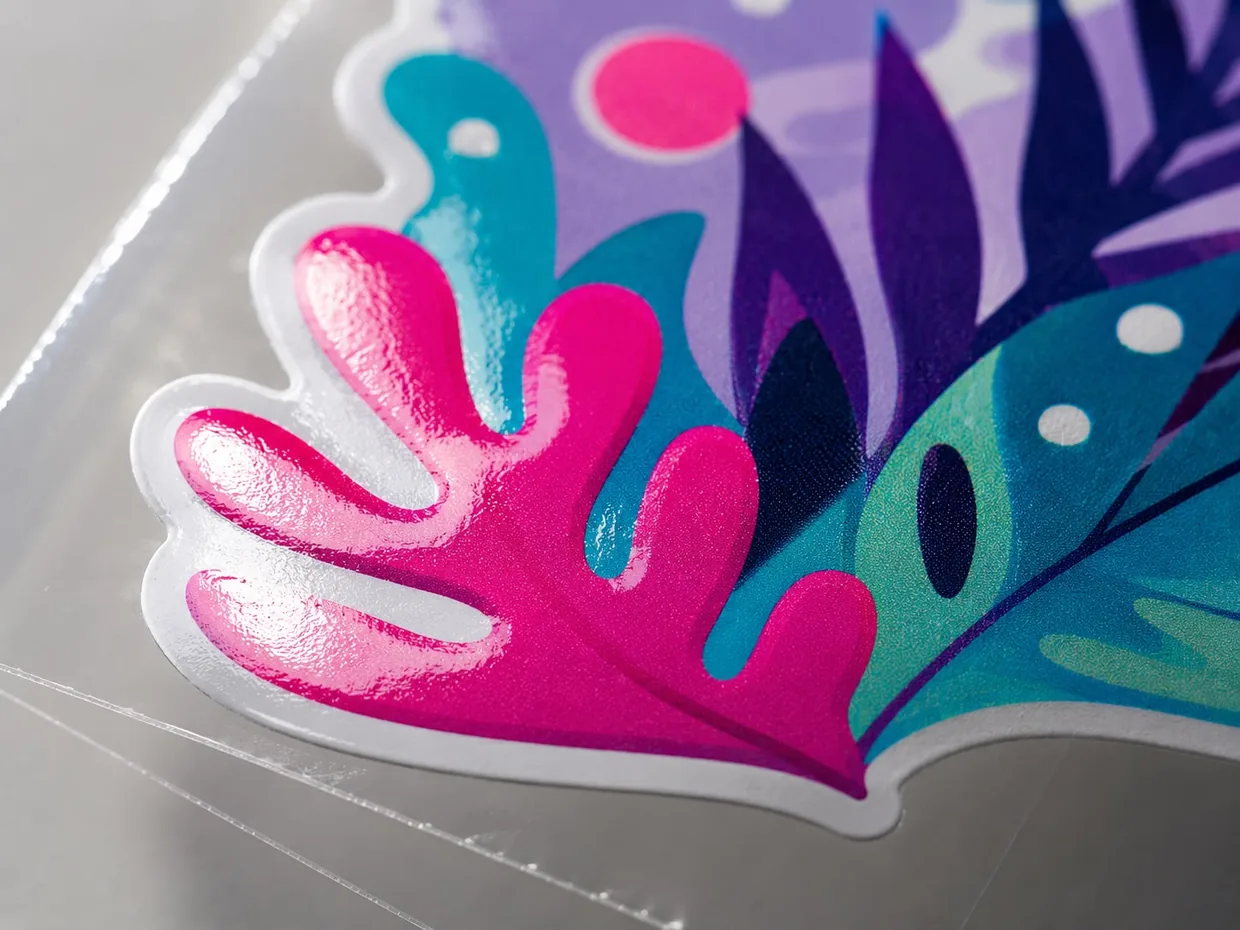 Detalle macro de una calcomanía UV DTF con blanco y barniz
